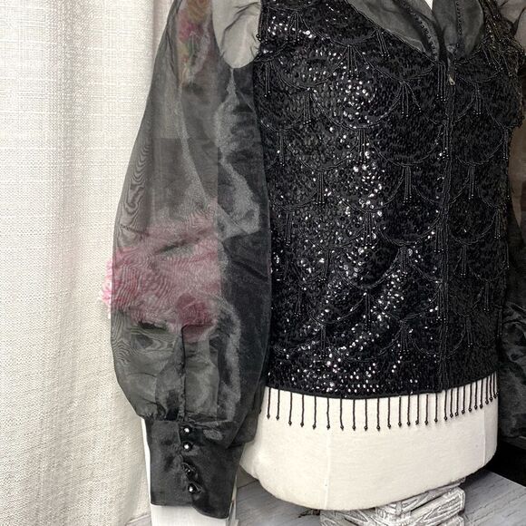 🌹 Gorgeous 100% Wool Vintage Sheer Puffed Sleeve Sequin Beaded Jacket 🌹 - Picture 4 of 10